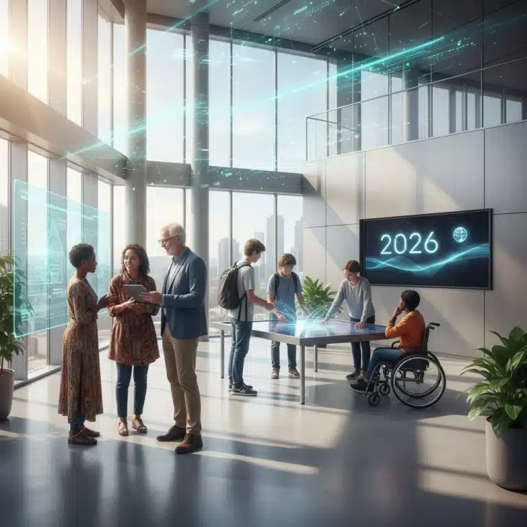 Diverse individuals engaged in lifelong learning activities in a modern setting in 2026