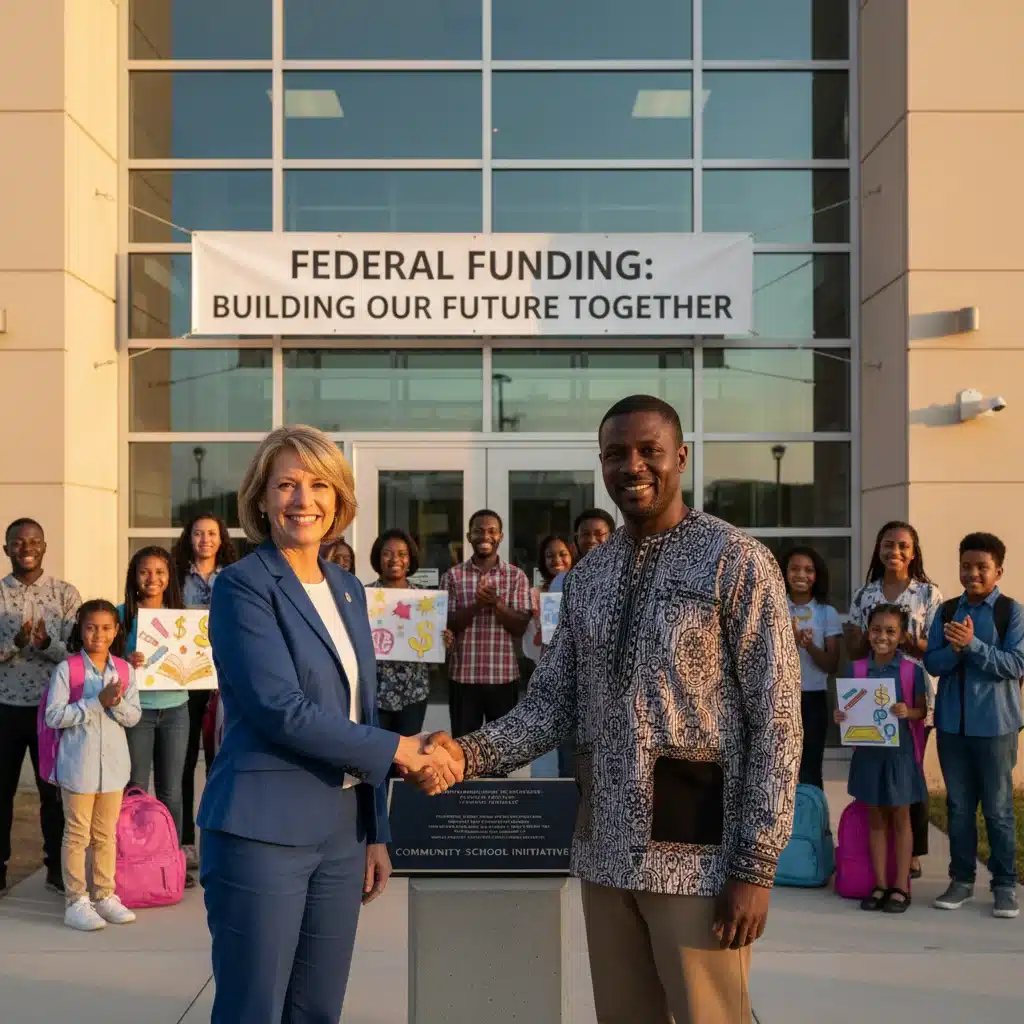 School superintendent and community leader shaking hands, symbolizing local impact