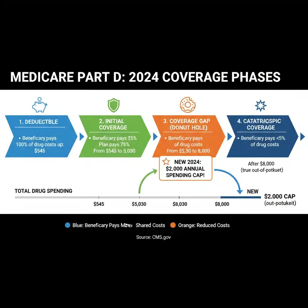 Infographic showing Medicare Part D coverage phases and new out-of-pocket cap
