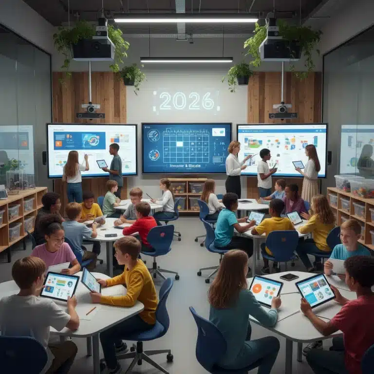 Students and teacher engaged in modern education planning for 2026