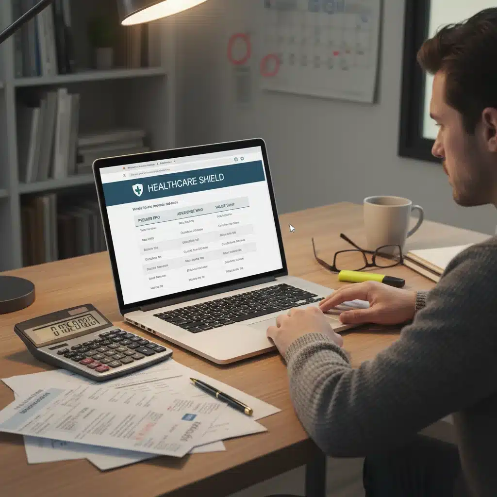 Person researching and comparing health insurance plans online to manage healthcare expenses.