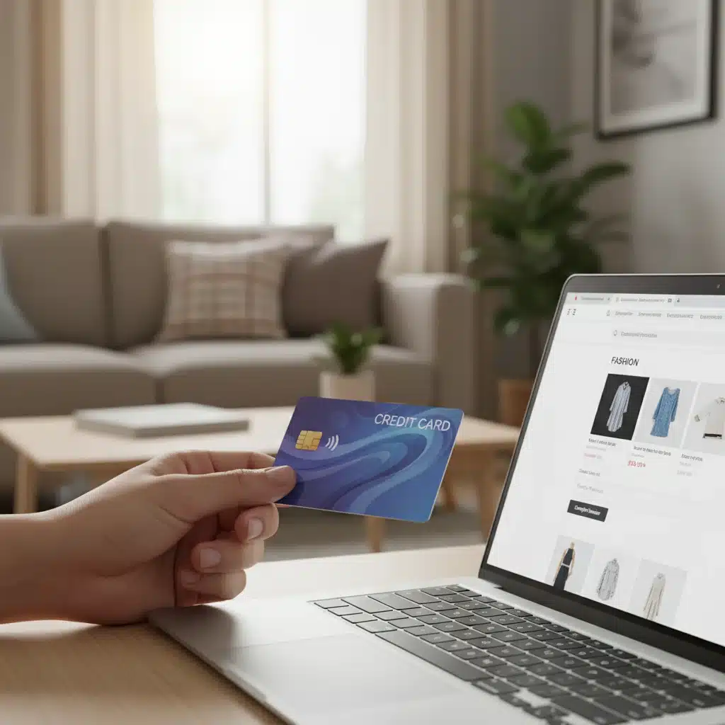 Hand holding credit card making online purchase, representing daily spending decisions and financial choices.