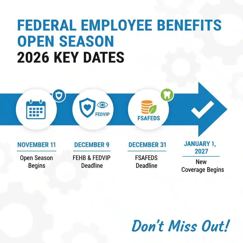 Infographic showing key dates for 2026 Federal Employee Benefits Open Season
