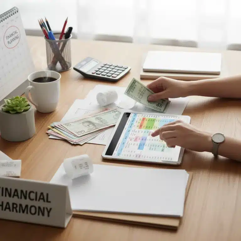 Organized financial documents on a desk with a tablet showing a budget spreadsheet, symbolizing effective daily financial choices.