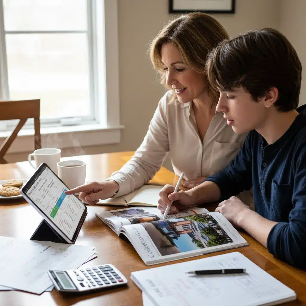 Parent and teenager discussing college financial planning on a tablet