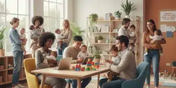 Parental Leave Policies 2026: Navigating New Employer Offerings Parents with babies smiling in a modern, supportive environment, representing parental leave benefits.