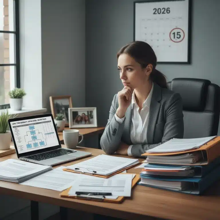 Thoughtful person reviewing long-term disability claim documents for 2026