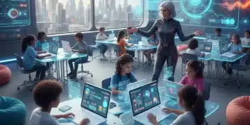 Students learning on personalized platforms with a teacher in a modern classroom