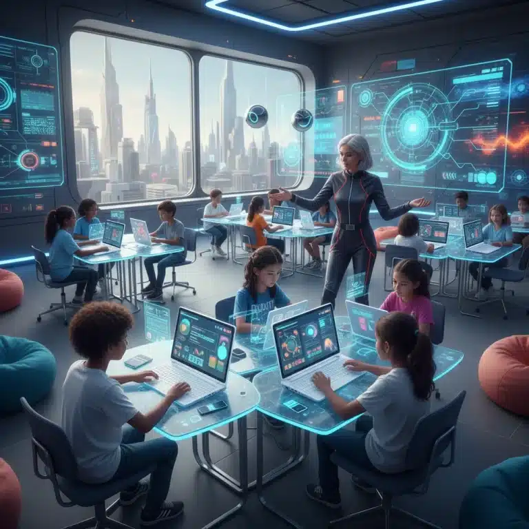 Students learning on personalized platforms with a teacher in a modern classroom