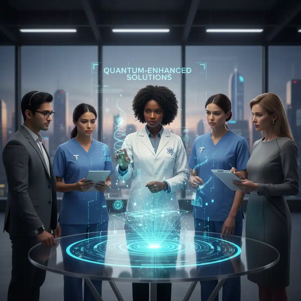 Professionals collaborating on quantum-enhanced industry solutions