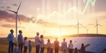 2026 Energy Policy Shift: Financial Impact on U.S. Households Families and individuals looking at wind turbines and solar panels, symbolizing renewable energy and financial growth.
