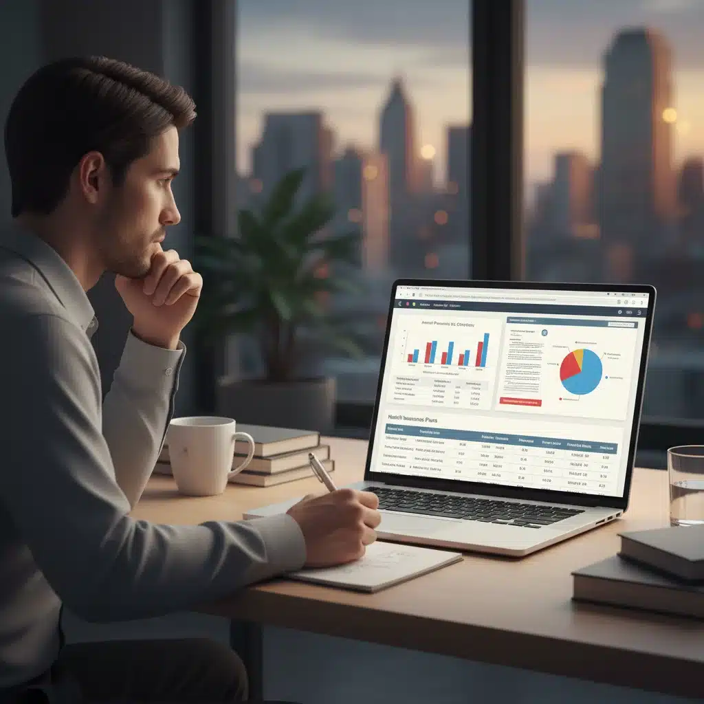 Individual reviewing health insurance plans and financial benefits on laptop