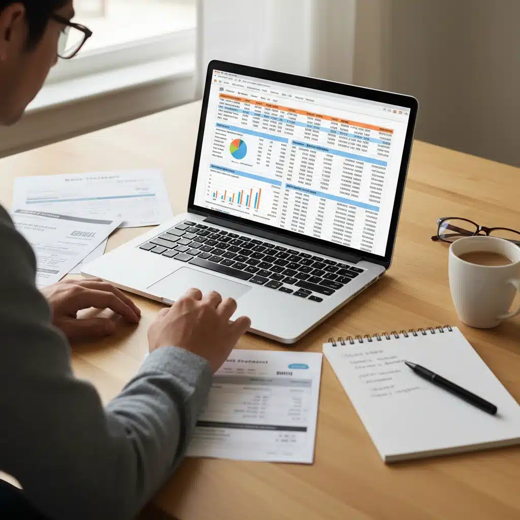 Individual analyzing a detailed credit report on a laptop.