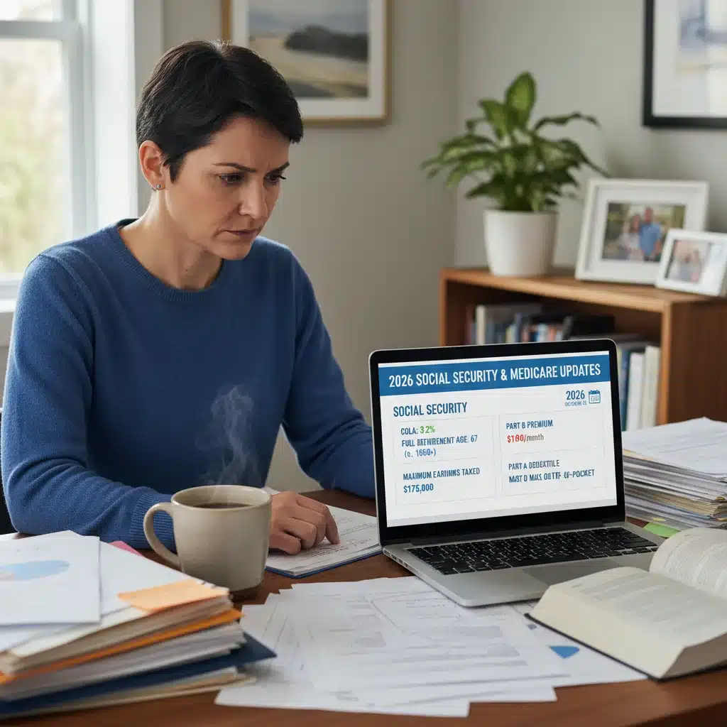 Person reviewing Social Security and Medicare updates for 2026 on a laptop in a home office setting.