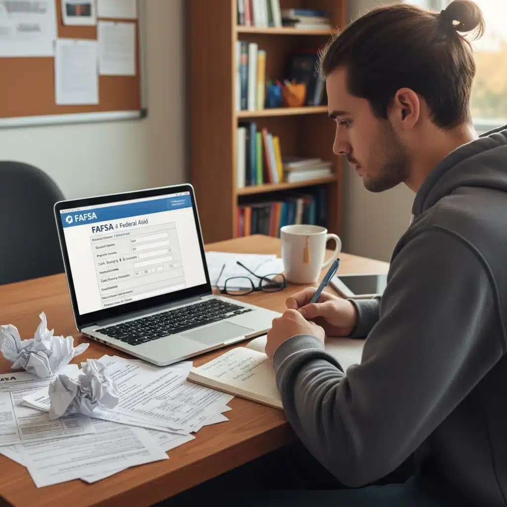 Student completing FAFSA form on laptop with financial documents