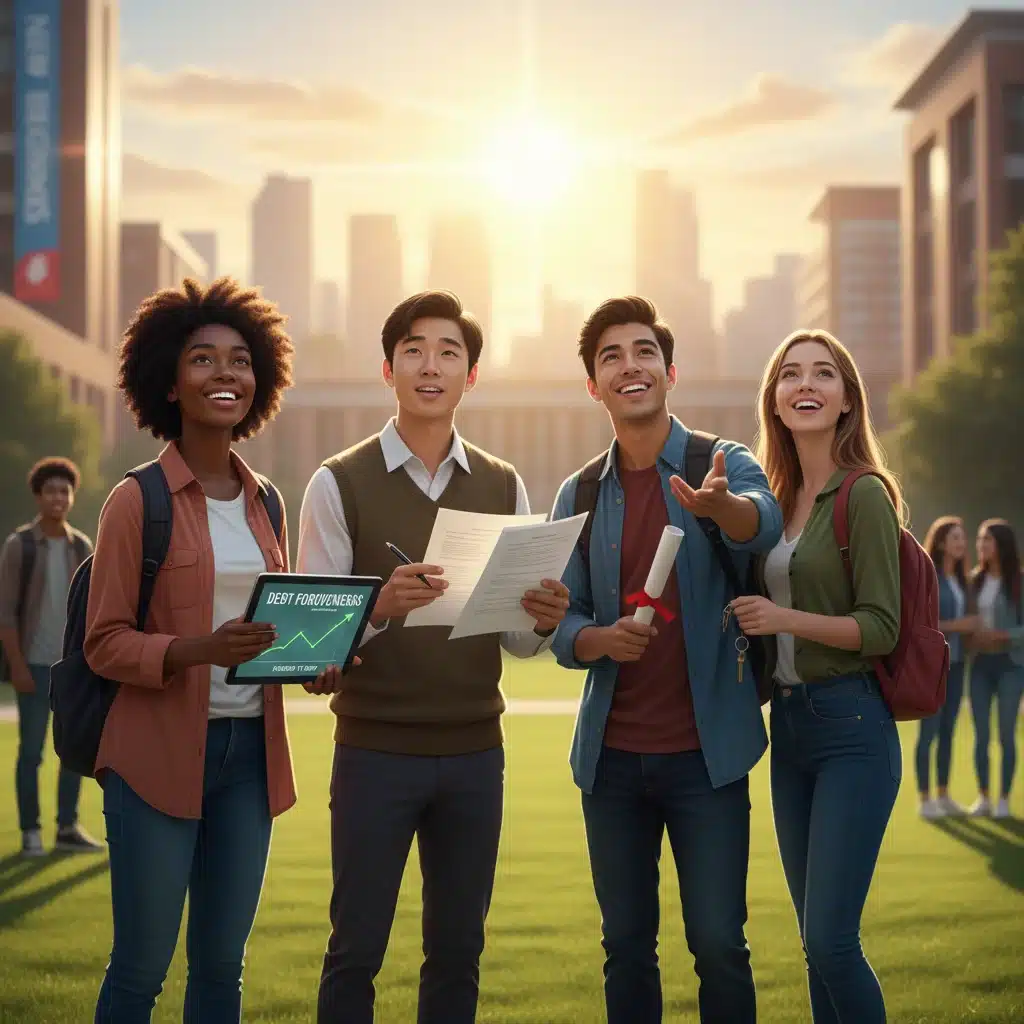 Diverse students looking optimistically towards future, symbolizing beneficiaries of student loan forgiveness.