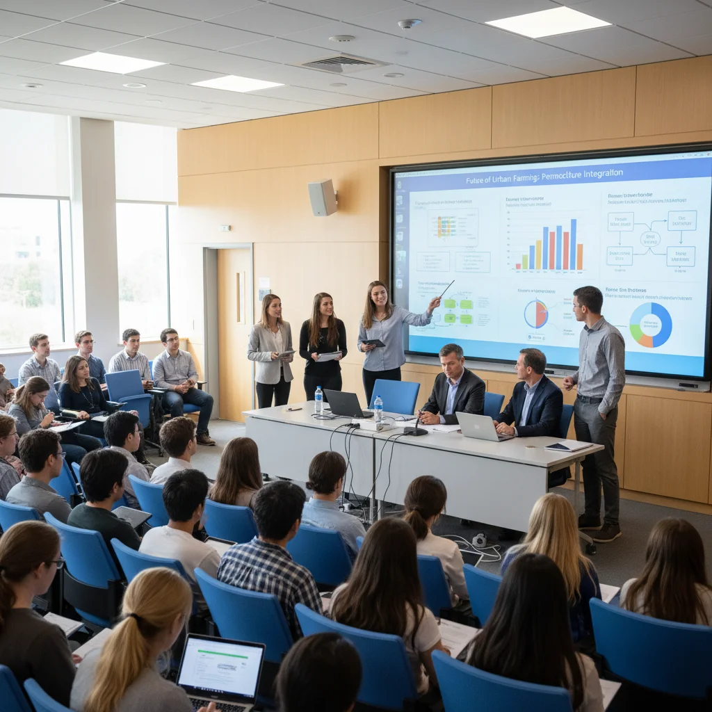 Students confidently presenting their project results using an interactive display to an attentive audience.