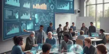 Diverse students learning data visualization in a modern classroom