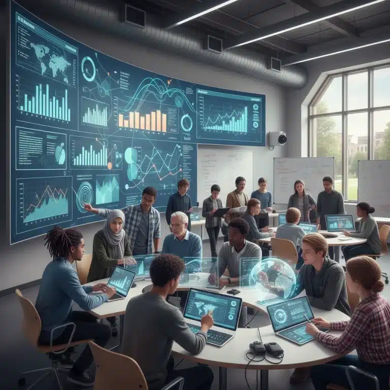 Diverse students learning data visualization in a modern classroom