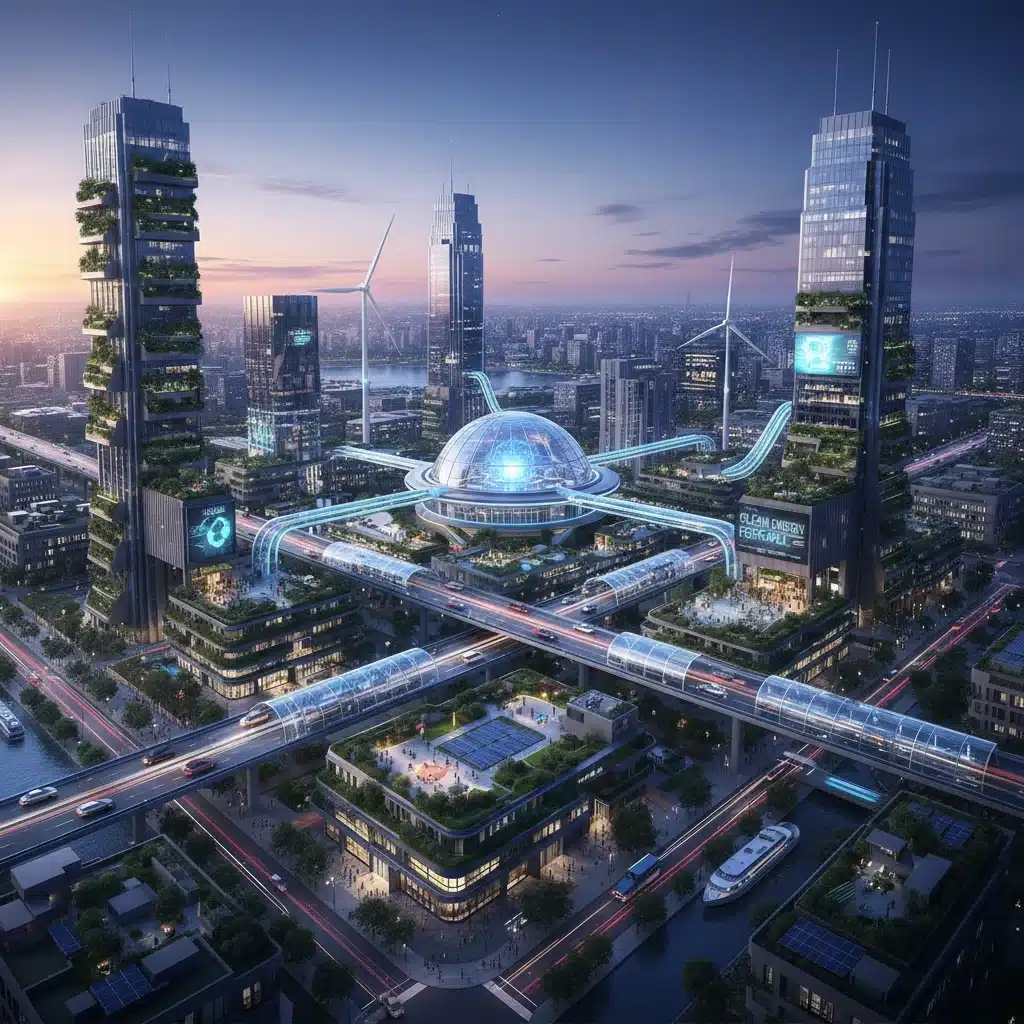 Sustainable cityscape with advanced technology and green infrastructure for 2026.