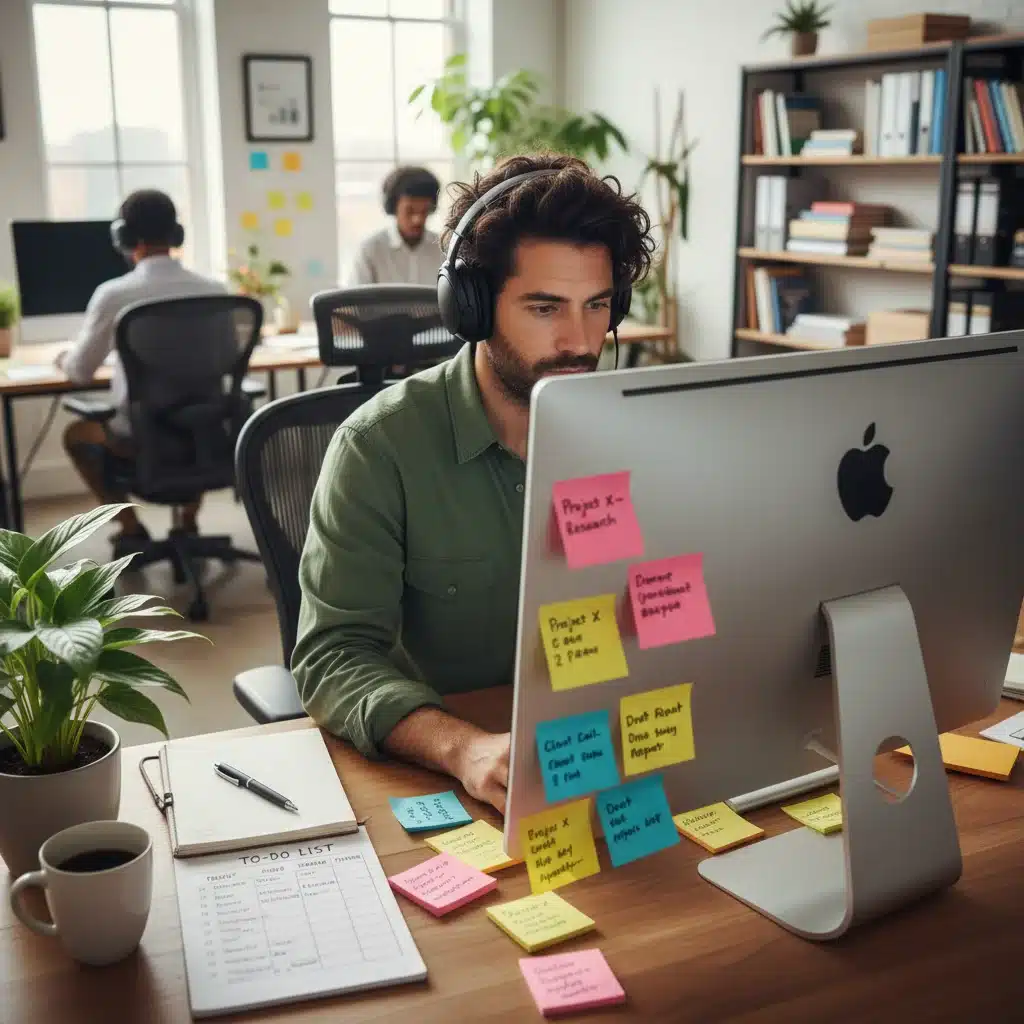 Person prioritizing tasks and focusing on work in an organized office