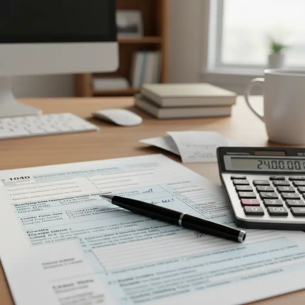 Close-up of tax forms, pen, and calculator for child tax credit preparation