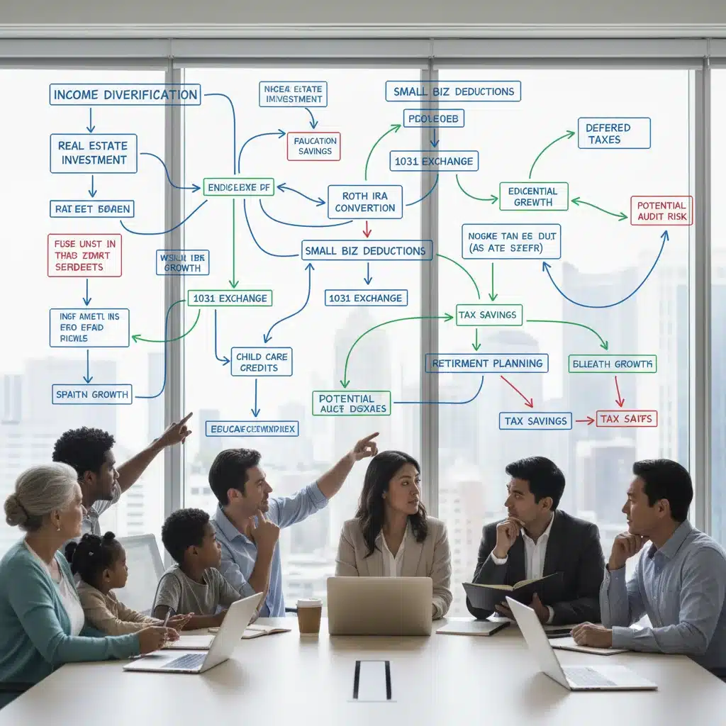 Diverse taxpayers analyzing tax strategy flowchart