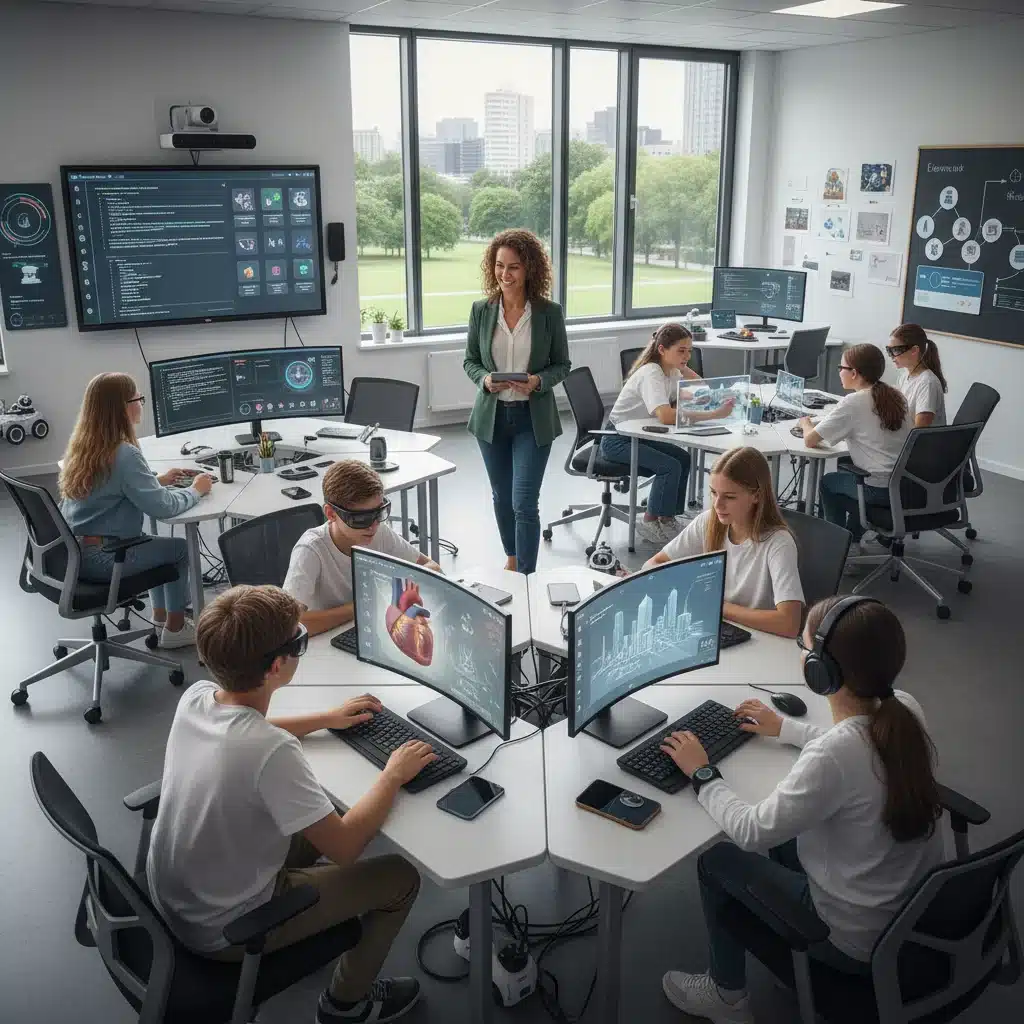 Teacher guiding students in a collaborative EdTech learning environment