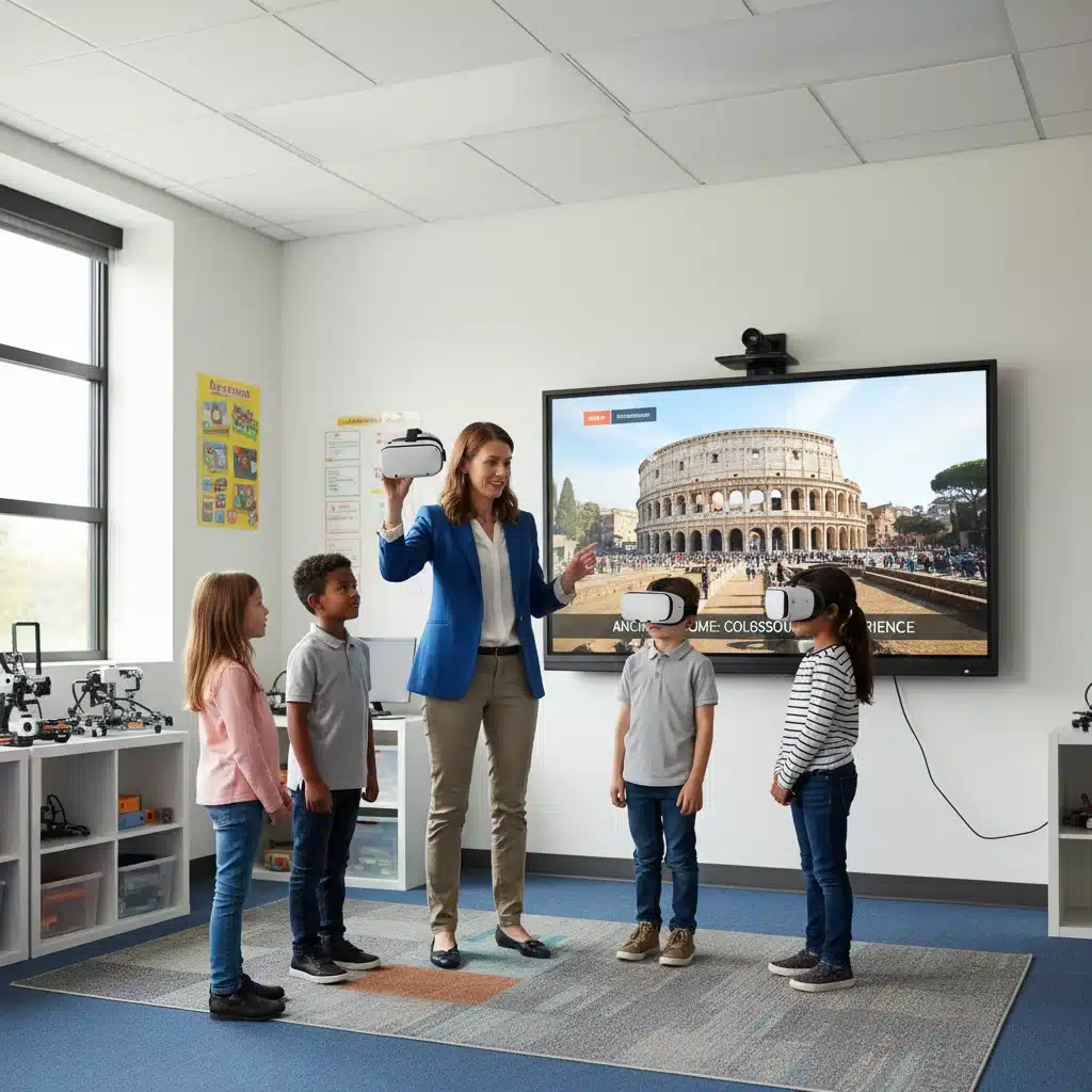 Teacher guiding students through a virtual reality history lesson