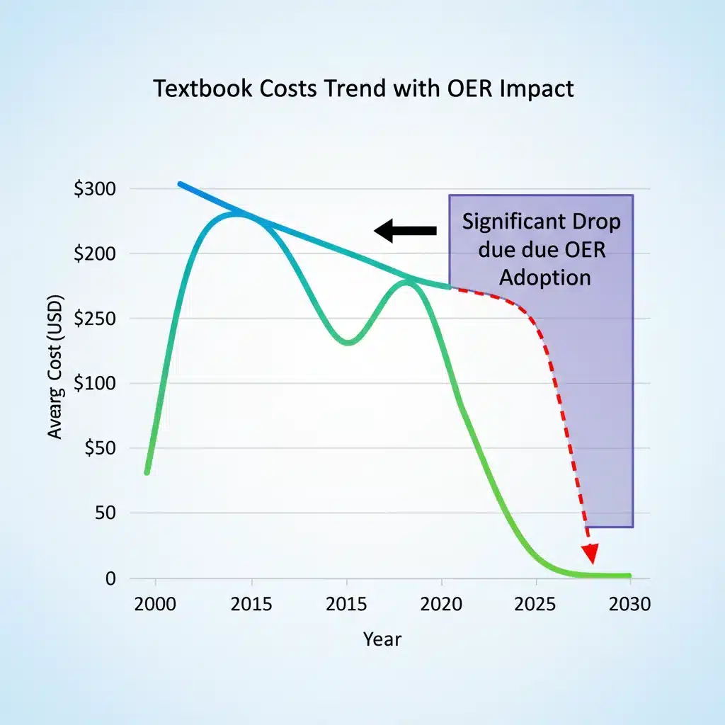 Graph showing projected decline in textbook costs with increased OER adoption.