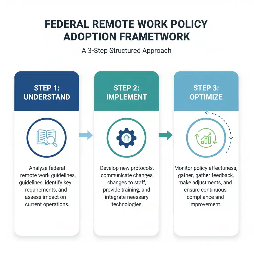 Infographic showing a 3-step process for implementing new federal remote work policies: understand, implement, optimize.