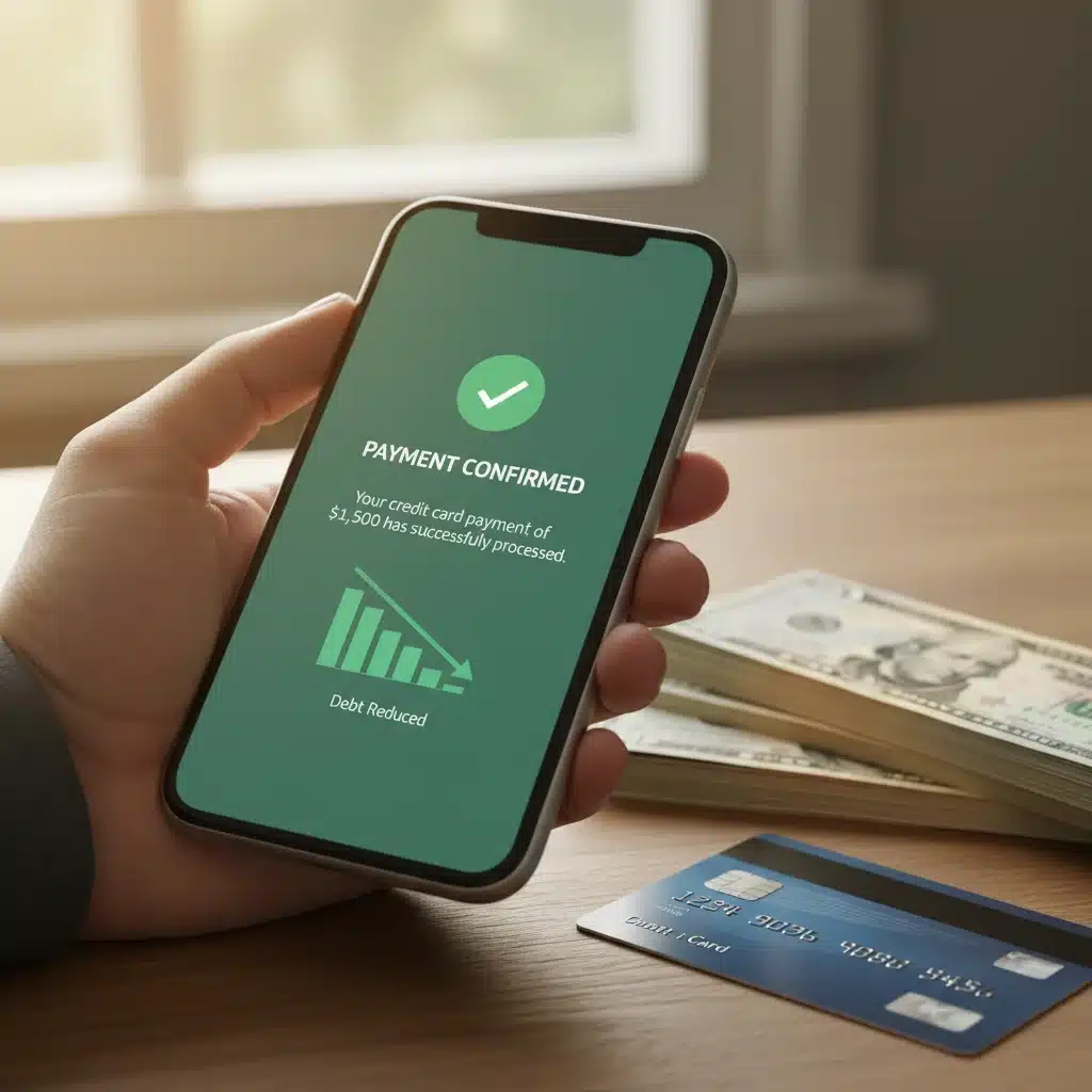 Smartphone showing banking app with payment confirmation, symbolizing debt management.