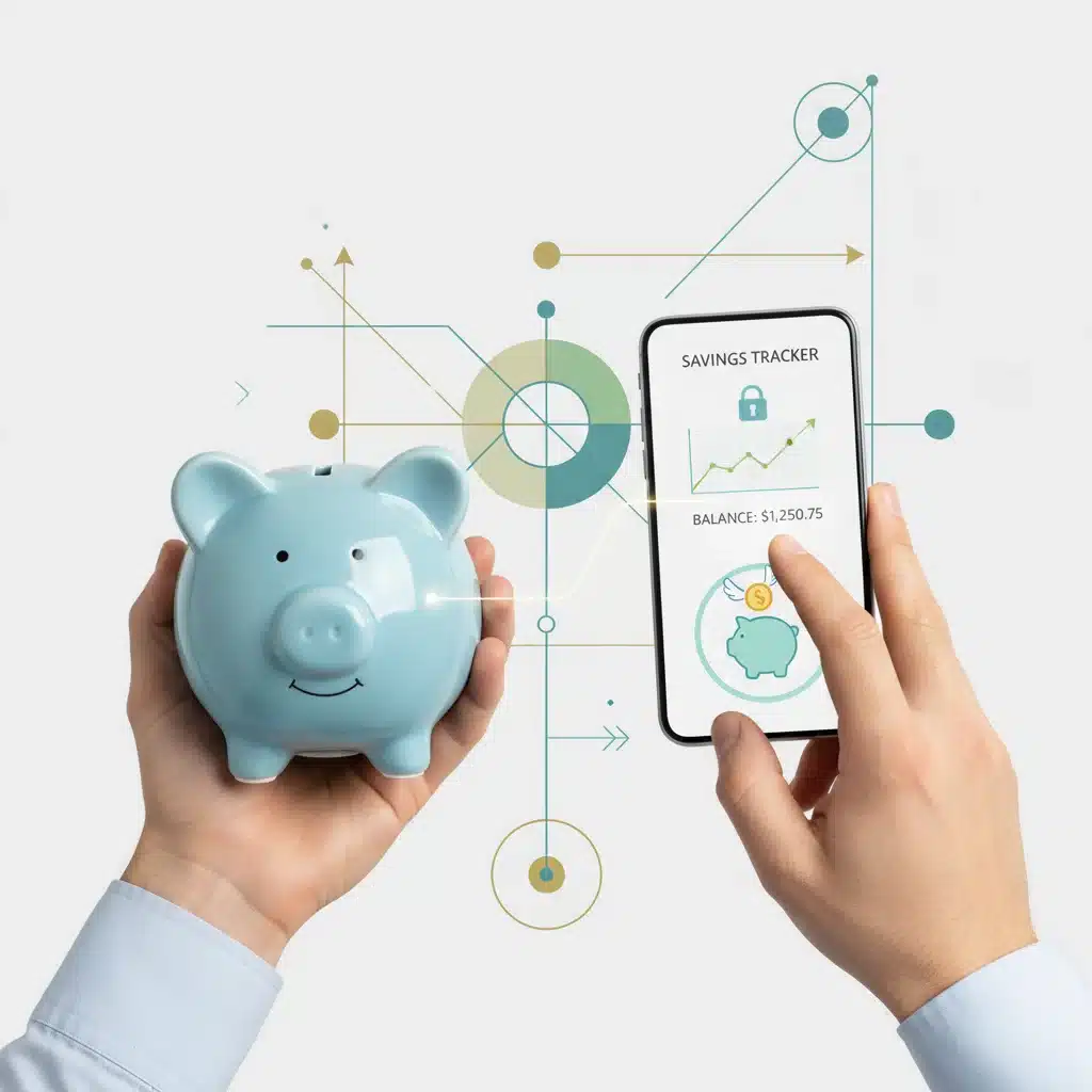 Hands holding piggy bank and smartphone with savings app, blending traditional and modern savings