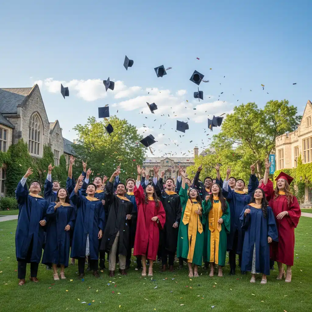 University graduates celebrating with caps and gowns on campus