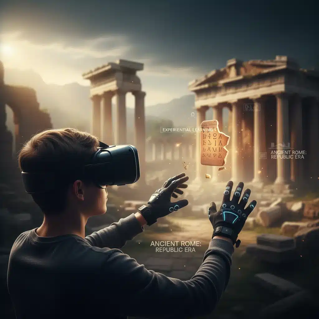 Student experiencing virtual reality in a history lesson, showcasing immersive learning.