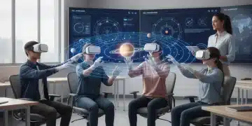 Virtual Reality in Classrooms: A Practical Guide to Implementation by 2026 Students engaged in immersive VR learning in a futuristic classroom setting
