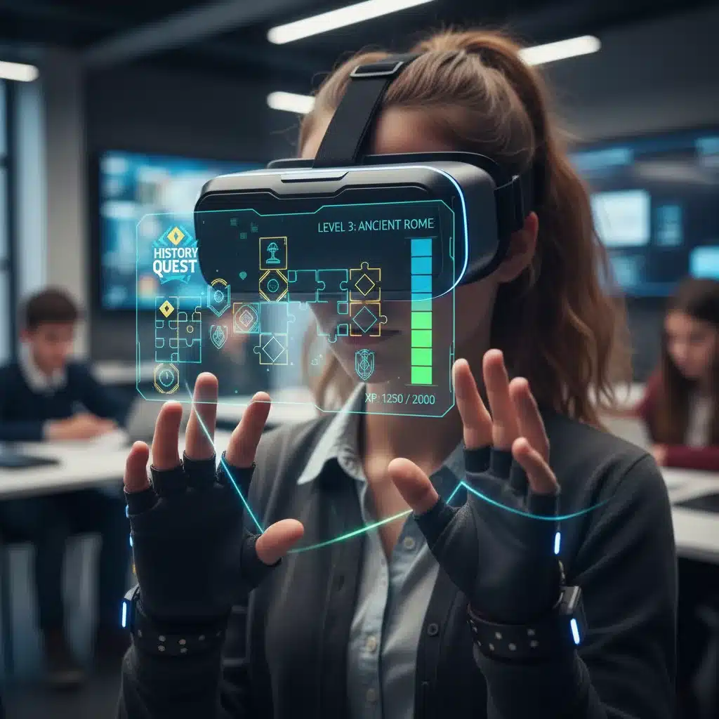 Student engaged in virtual reality gamified learning experience