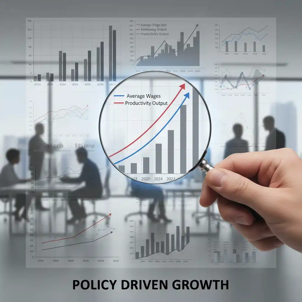 Magnifying glass over economic chart showing wage growth and productivity