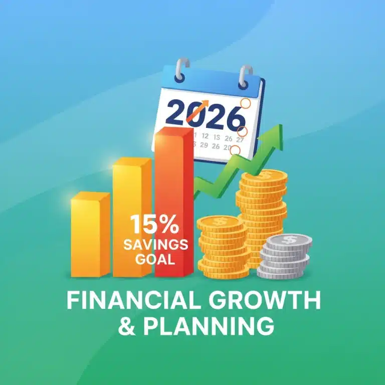 Financial planning chart illustrating a 15% savings goal by 2026 with stacked coins.