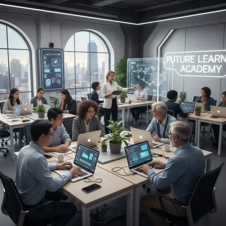 Diverse adults learning collaboratively in a modern classroom setting, symbolizing future-focused adult education and career growth.