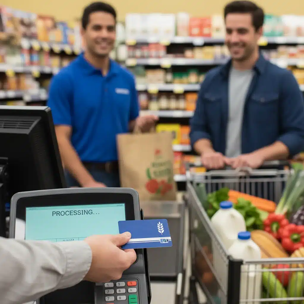 EBT card being swiped at grocery store checkout