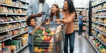 Family grocery shopping with EBT card, fresh produce