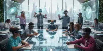 Students learning with augmented reality and holographic projections in a modern STEM classroom.