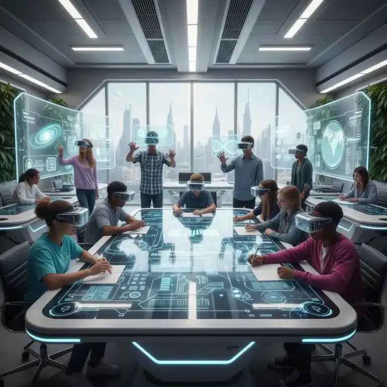 Students learning with augmented reality and holographic projections in a modern STEM classroom.