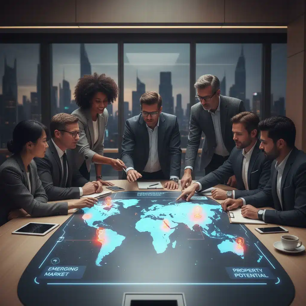 Investors analyzing emerging real estate markets on a digital map for strategic acquisitions