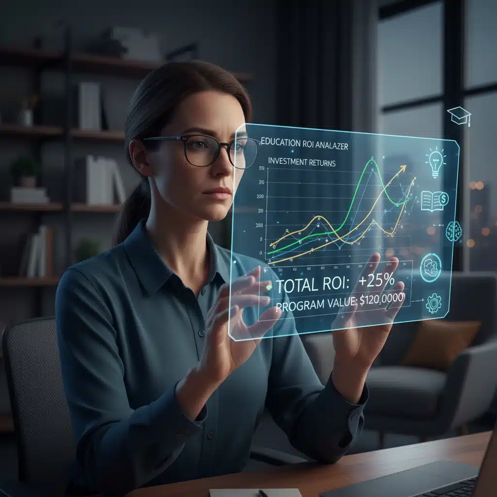 Person analyzing financial dashboard with educational elements, symbolizing ROI from adult education.