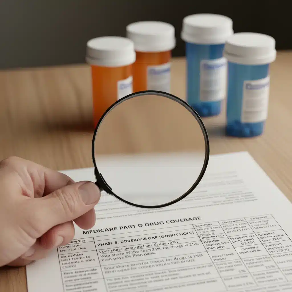 Magnifying glass over Medicare Part D drug coverage details