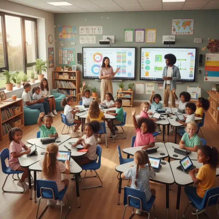 Students and teachers in a modern classroom benefiting from new education funding.