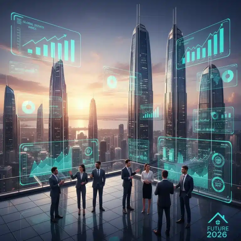 Futuristic city skyline with investment data overlays for 2026 real estate outlook