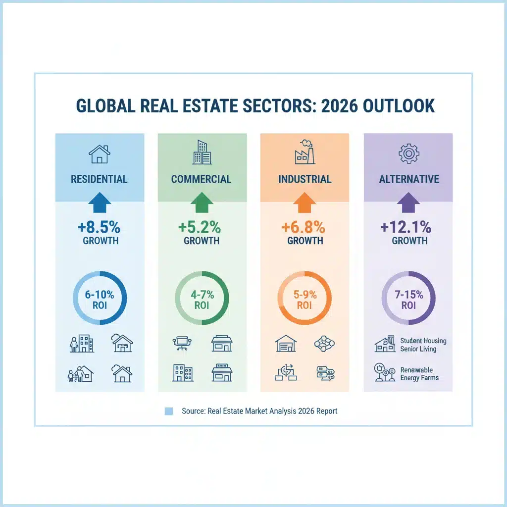 Infographic of diverse real estate sectors with 2026 growth and ROI projections
